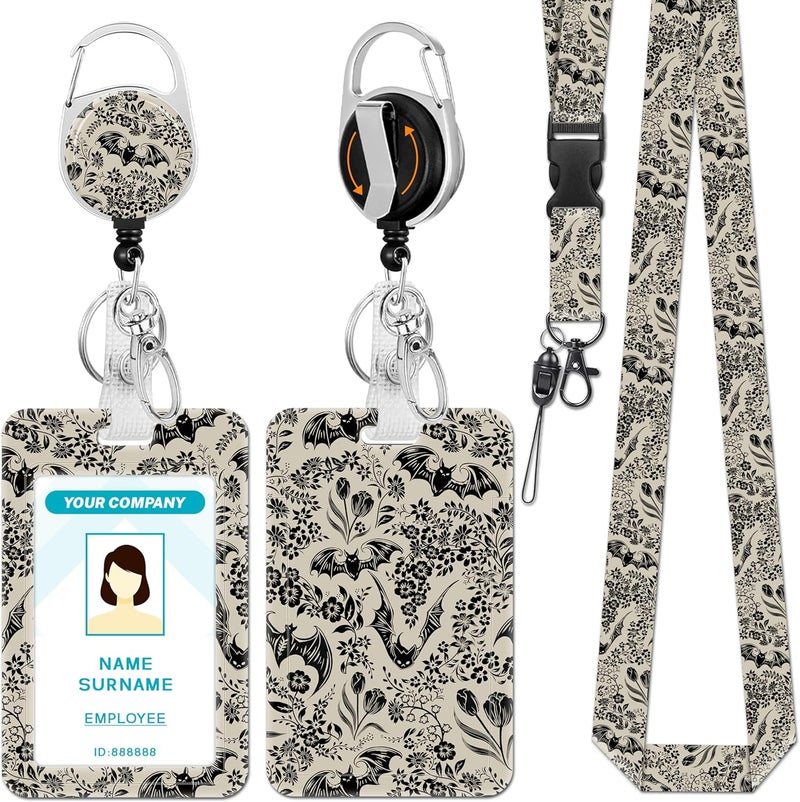Hancynir Goth Bat Floral Lanyards for Id Badges, Gothic Badge Holder with Retractable Reel Clip, Work Name Tags Keychain Lanyard with ID Holder, Card Protector for Teacher Nurse Doctor Office Gifts - Image 1